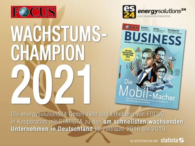 Bild: energysolutions24 GmbH als Focus-Wachstumschampion 2021 ausgezeichnet!