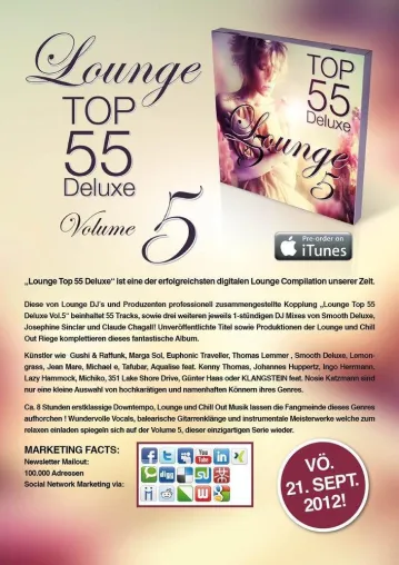 Bild: Lounge Top 55 Vol.5 DELUXE (The Original). ITUNES release incl. exclusive 3 hour DJ Mixes, pre-sale 24.08.2012