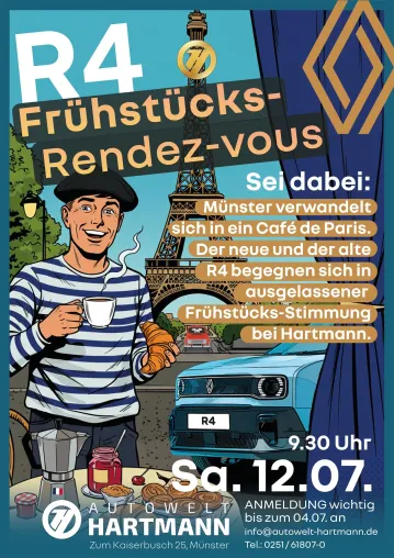 Renault 4 Präsentation: Autowelt Hartmann lädt zum Frühstücks-Rendez-vous Bild: Renault 4 Präsentation: Autowelt Hartmann lädt zum Frühstücks-Rendez-vous