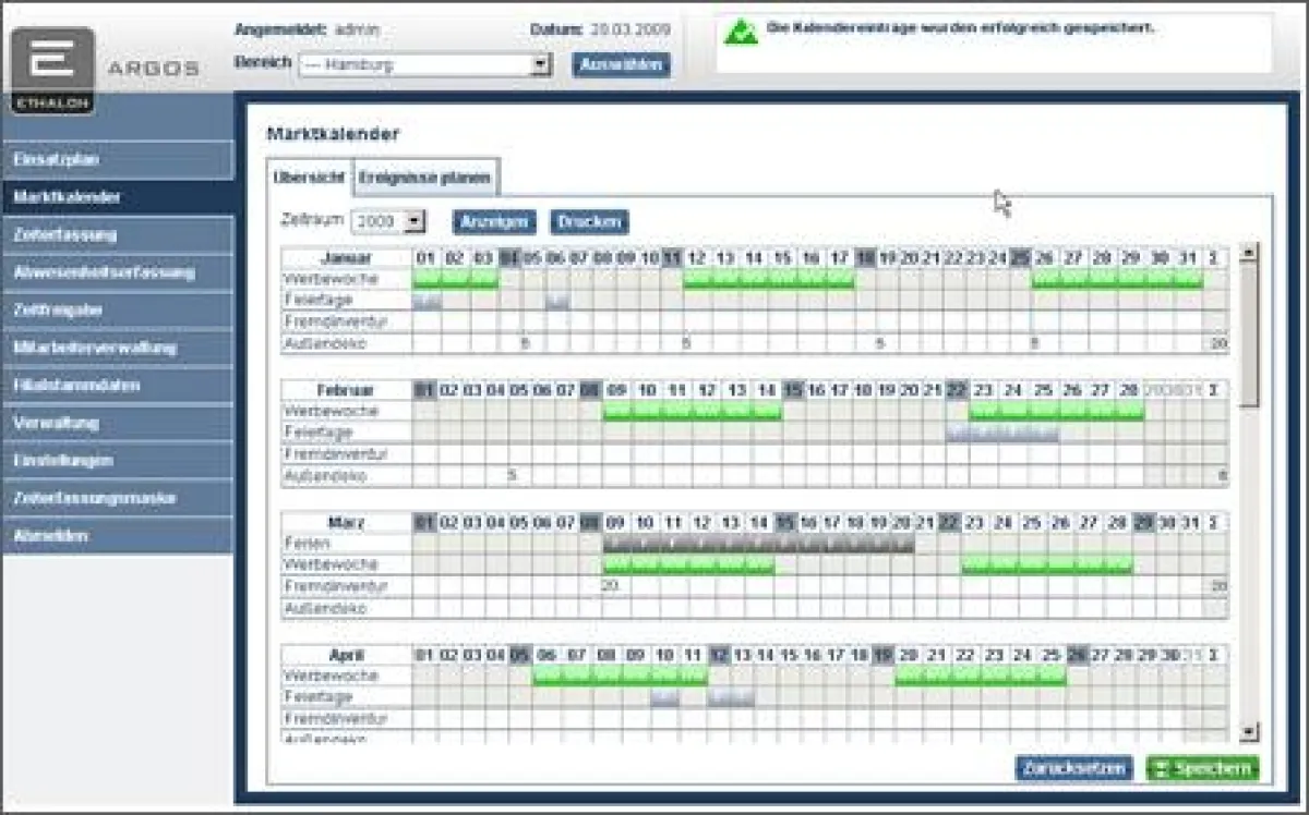 Screenshot: ETHALON ARGOS 2.3 ? ?Der Marktkalender?