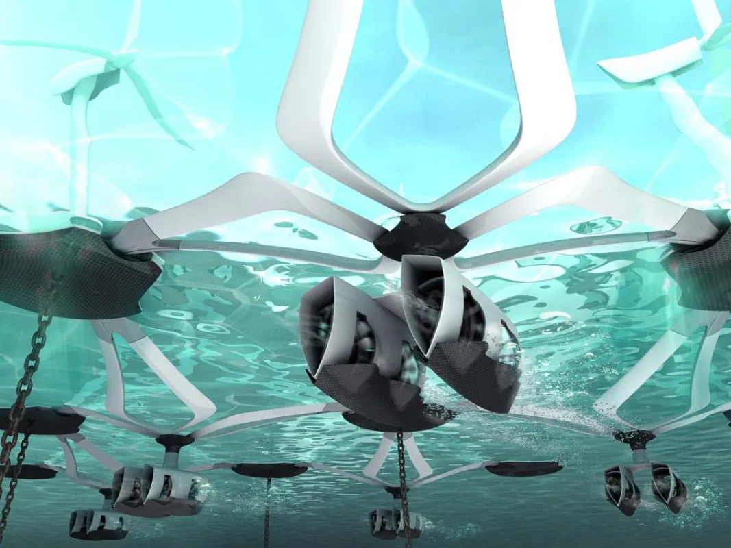 Die Gestaltung der Unterwasserturbinen greift die Formen sportlicher High-Tech-Katamarane auf.