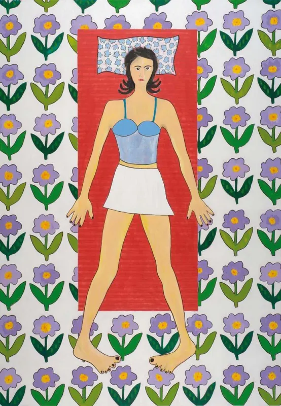 Nihat Kemankasli: Woman in Red Bed I, 2010, Mischtechnik auf Leinwand, 230 x 160 cm
