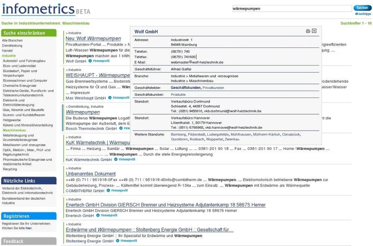 Suchtreffer bei infometrics mit aufgeschlagenen Firmenprofil