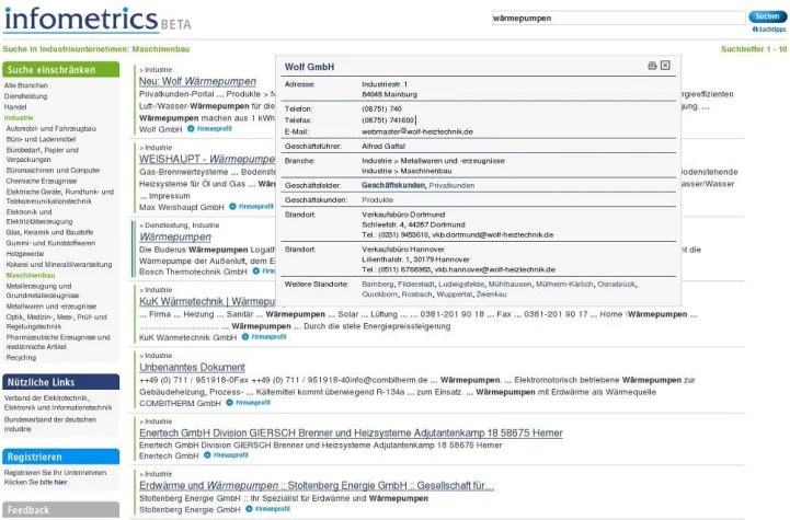 Bild: Nicht mehr ohne - Alle Suchtreffer bei infometrics mit Kontaktdaten
