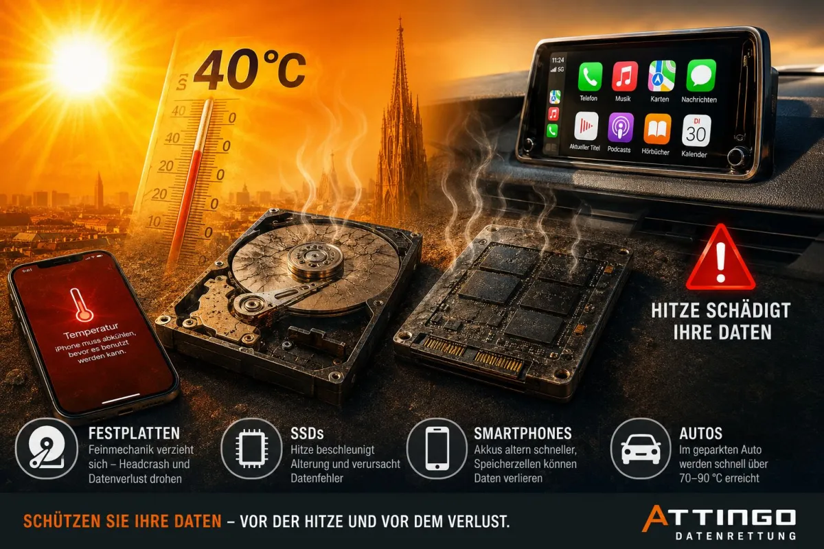Historische Hitzewelle gefährdet Festplatten, SSDs und Smartphones (© Attingo Datenrettung GmbH)