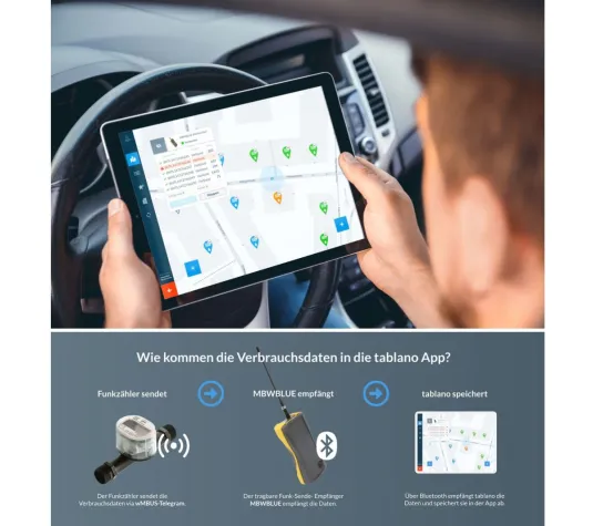 Im Vorbeifahren - Funkzählerablesung einfach und unabhängig: tablano Anwendung "Funkzählerablesung Drive-By" Bild: Im Vorbeifahren - Funkzählerablesung einfach und unabhängig: tablano Anwendung "Funkzählerablesung Drive-By"