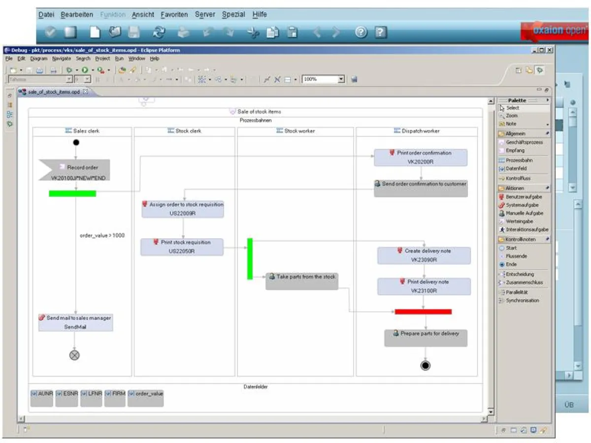 ERP und BPM integriert: Die neue Business Process Engine ist in den Application Server von oxaion open integriert. Geschäftsprozesse werden in einem grafischen Editor angezeigt und lassen sich flexibe