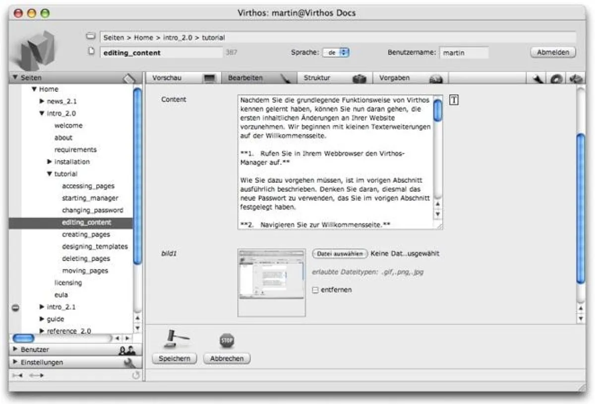 Die Redaktions- und Administrationsoberfläche von Virthos Master