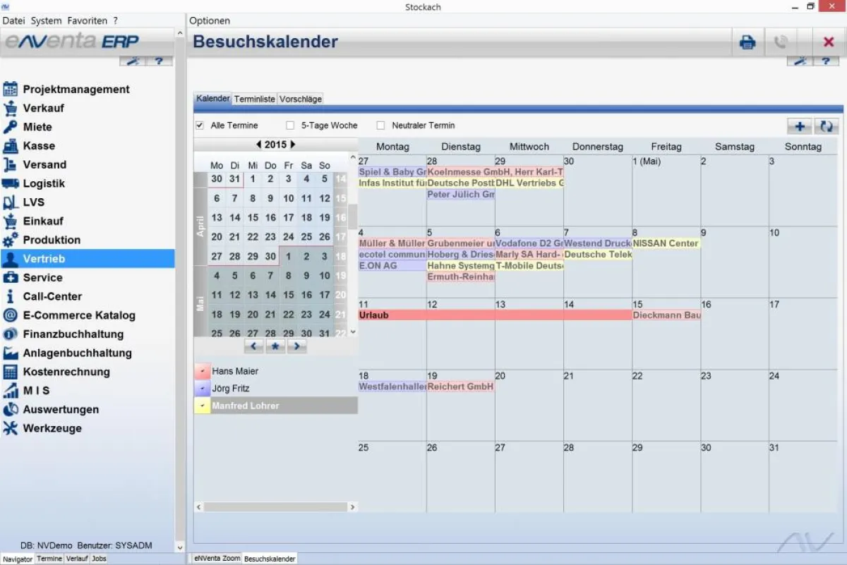 Besuchskalender in eNVenta ERP 3.5, wie er auch auf Tablets nutzbar ist.