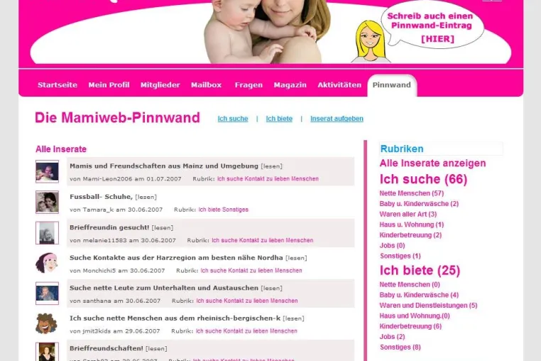 Bild: Pinnwand bei Mamiweb.de startet mit großem Erfolg - Mitglieder machen regen Gebrauch