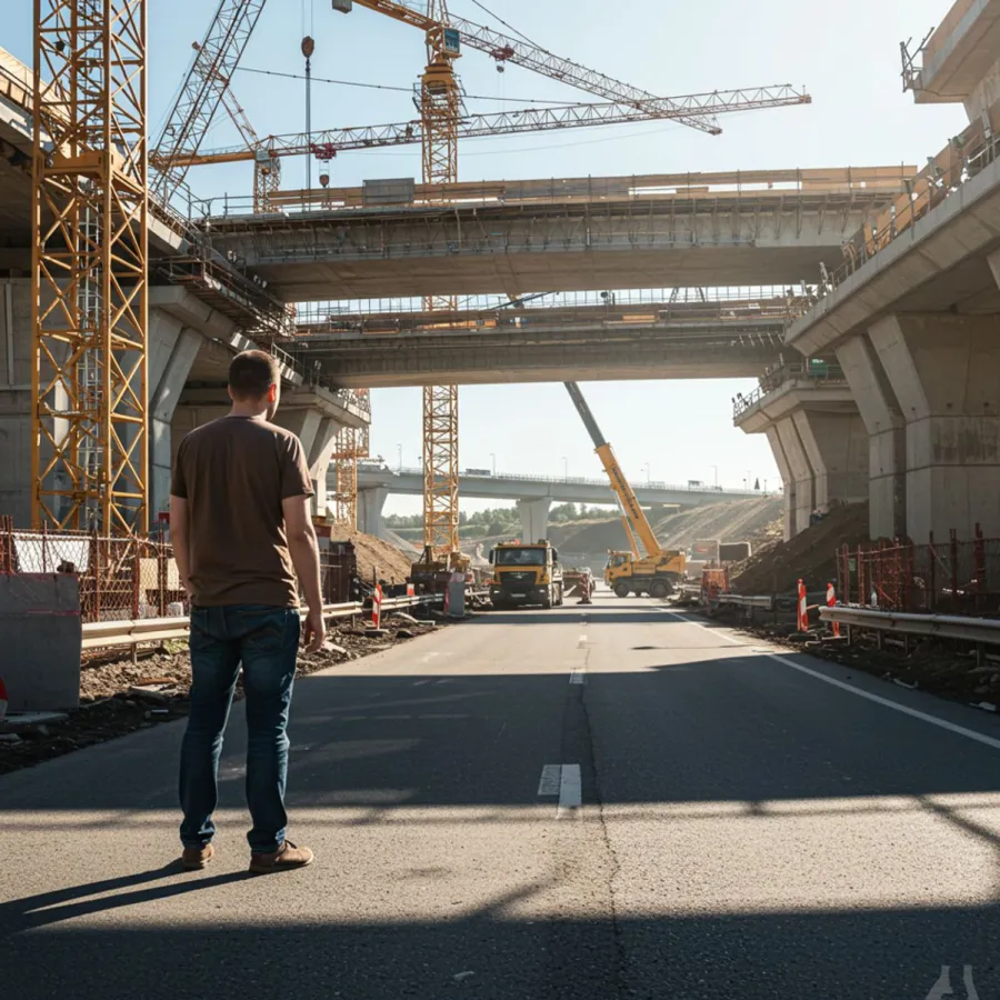 Vortragsredner und Bauingenieur Cornelius Tarnai auf einer Autobahn Baustelle (© Bild KI (Idee Heinrich Kürzeder))