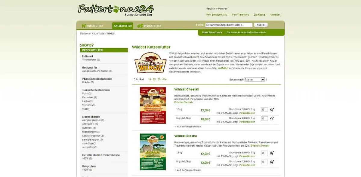 Filterfunktion am Beispiel von Katzenfutter Wildcat