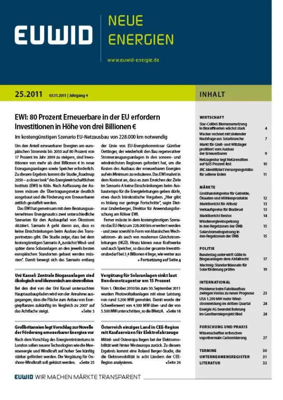 Die Ausgabe 25/2011 von EUWID Neue Energien ist heute erschienen