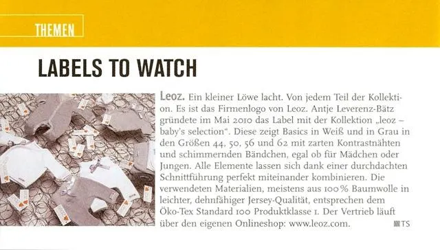 LeoZ - BABY´S SELECTION ist Label to Watch der Fachzeitschrift Textilwirtschaft Bild: LeoZ - BABY´S SELECTION ist Label to Watch der Fachzeitschrift Textilwirtschaft