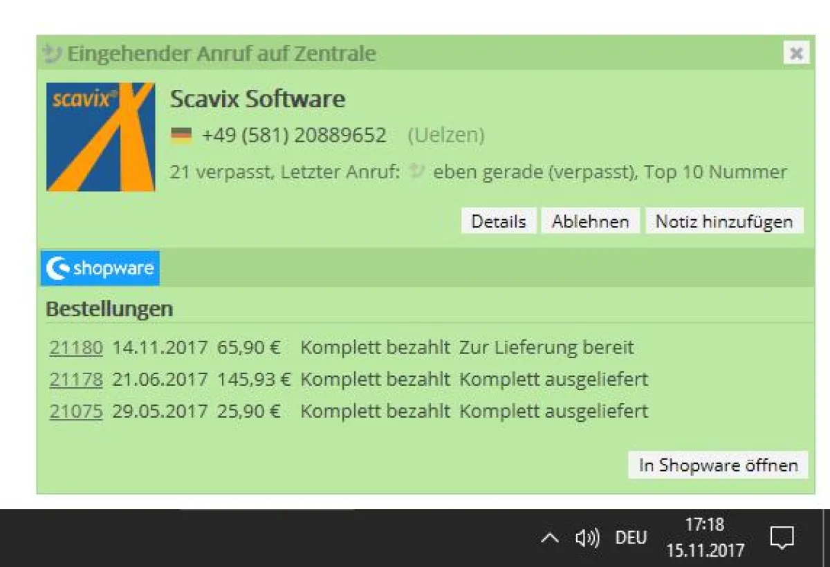 Anrufanzeige mit Shopware Kundendaten und Bestellungen