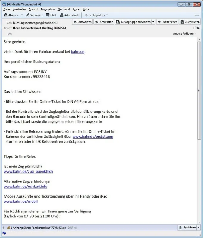 Beispiel E-Mail Bahn-Buchungsbestätigung (Quelle: Eleven Research)