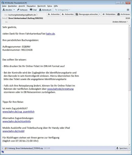 Bild: Warnung: Gefälschte Bahn-Buchungsbestätigungen verbreiten Virus