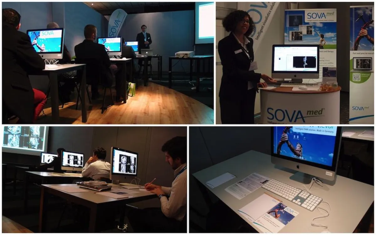 SOVAmed Trainingsraum (o.l.), Stand (o.r.), Teilnehmer (u.l.), Workshop-Platz (u.r.)