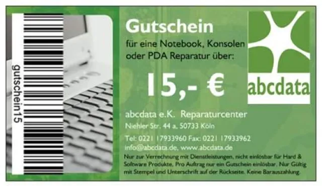 Bild: abcdata e.K. in Köln verschenkt Gutscheine für Notebook Reparatur