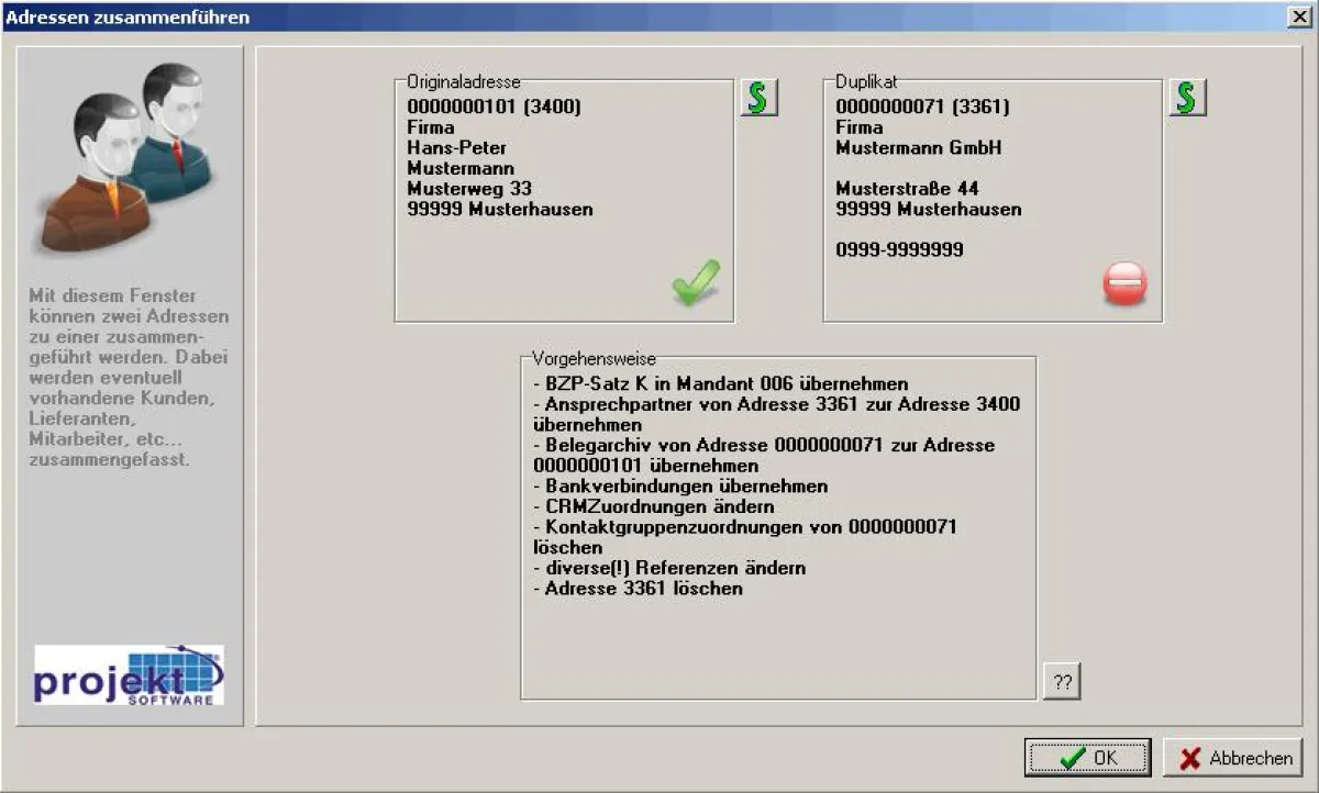 Dialogfenster Dubletten zusammenführen