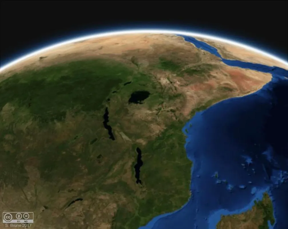 Das Ostafrikanische Rift ist derzeit das mächtigste Grabensystem der Erde. Das weltweite Rift-Netzwerk vor 130 und 50 Millionen Jahren war jedoch mehr als fünfmal länger. (S. Brune, Nasa WorldWind)