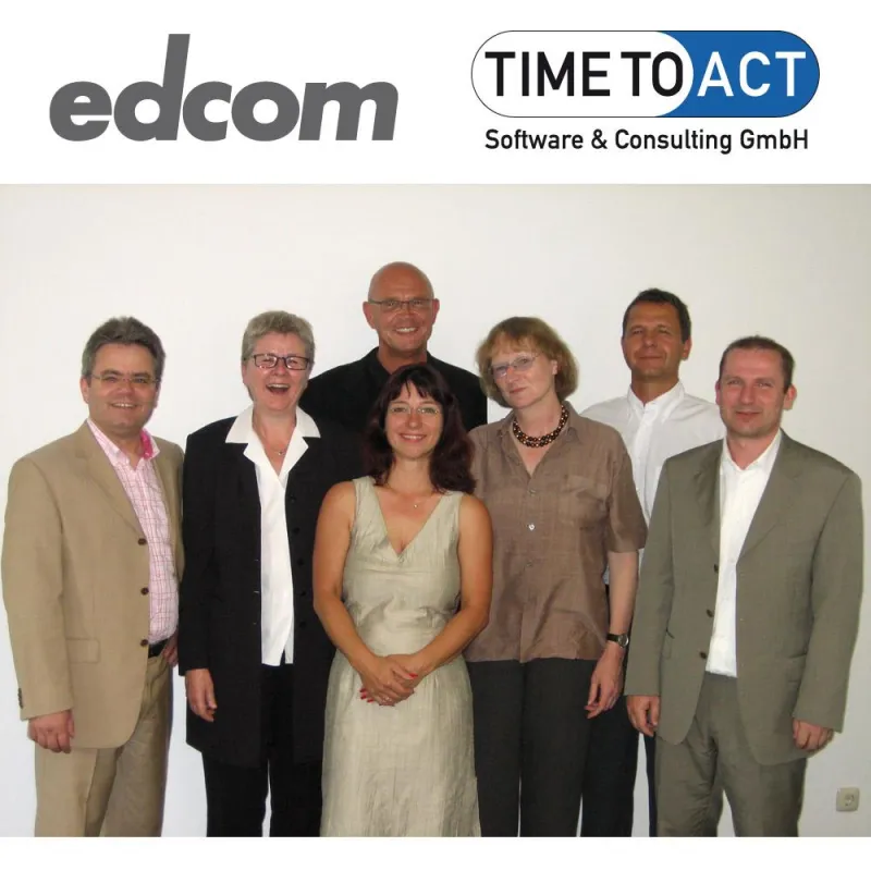 v.l.n.r.: Felix Binsack (TIMETOACT), Anneliese Wasserer-Förg, Otto Förg, Angela Blasberg, Ingrun Preuss-Hock, Wolfgang Meixner (alle edcom), Hermann Ballé (TIMETOACT)