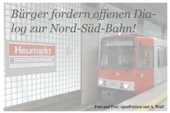 Nord-Süd-Bahn: Petition für offenen Dialog nur im Stadtbezirk Rodenkirchen erfolgreich! Bild: Nord-Süd-Bahn: Petition für offenen Dialog nur im Stadtbezirk Rodenkirchen erfolgreich!