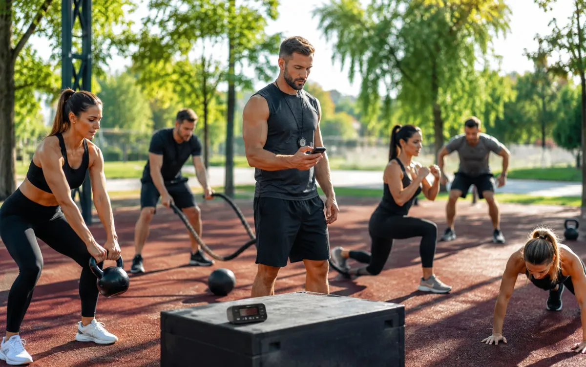 Ein Personal Trainer steuert ein Functional Training mit einem mobilen Workout Timer im Freien. (© © KondiMaster / KI-generiertes Pressebild)