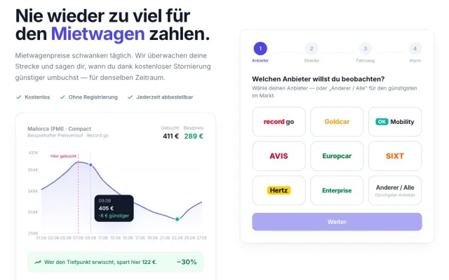 Mietwagen-Preisalarm mietwagensparen.de: Kostenloses Preistracking spart Urlaubern bis zu 50 Prozent Bild: Mietwagen-Preisalarm mietwagensparen.de: Kostenloses Preistracking spart Urlaubern bis zu 50 Prozent
