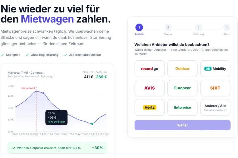 Mietwagen-Preisalarm mietwagensparen.de: Kostenloses Preistracking spart Urlaubern bis zu 50 Prozent Bild: Mietwagen-Preisalarm mietwagensparen.de: Kostenloses Preistracking spart Urlaubern bis zu 50 Prozent