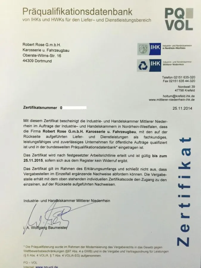 PQ-VOL Zertifikat Robert Rose GmbH