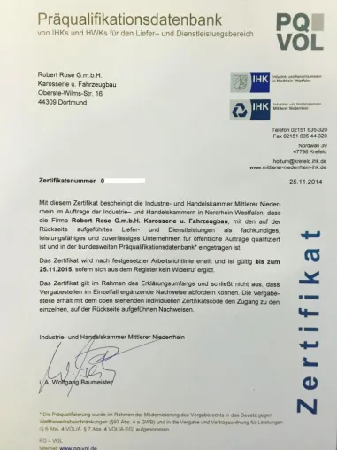 Präqualifizierungszertifikat PQ-VOL Bild: Präqualifizierungszertifikat PQ-VOL