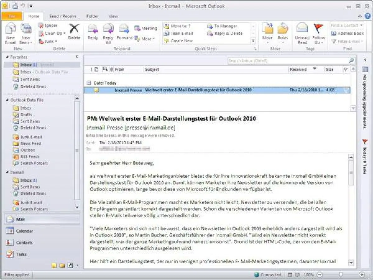 Inxmail Darstellungstest für Outlook 2010