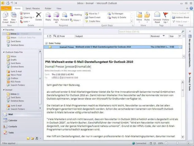 Bild: Weltweit erster E-Mail-Darstellungstest für Outlook 2010