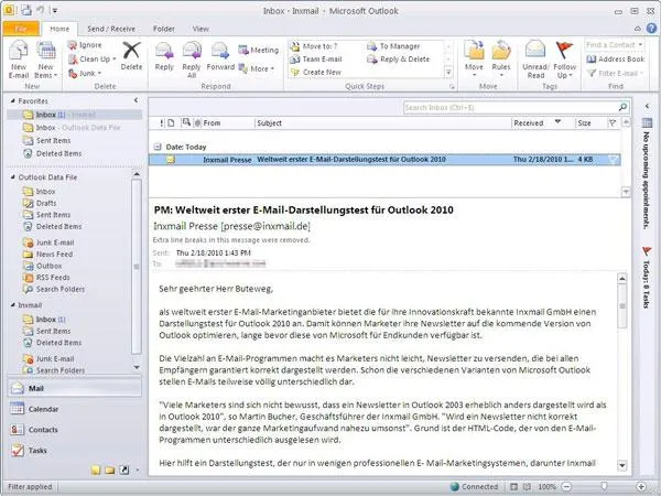 Weltweit erster E-Mail-Darstellungstest für Outlook 2010 Bild: Weltweit erster E-Mail-Darstellungstest für Outlook 2010
