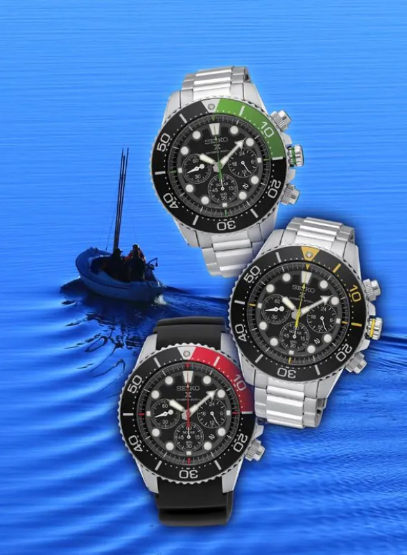 Seikos Prospex Solar Diver`s Chronographen SSC615P1, SSC613P1 und SSC617P1 zeigen sich farbenfroh.