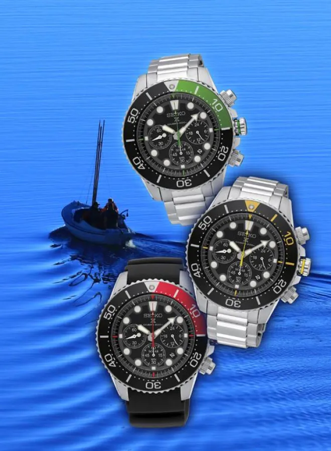 Seikos Prospex Solar Diver`s Chronographen SSC615P1, SSC613P1 und SSC617P1 zeigen sich farbenfroh.