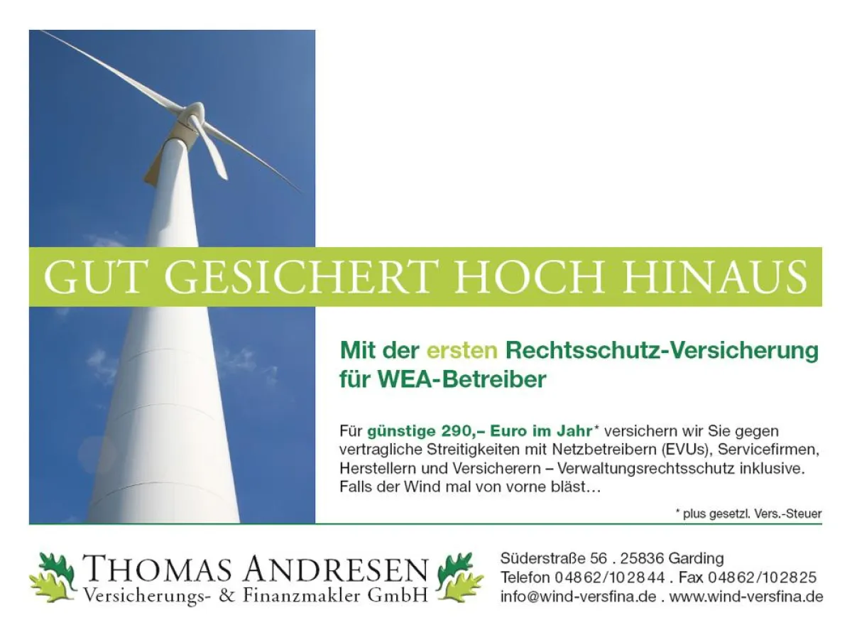 Deutschlands erste Rechtsschutzversicherung für Windenergieanlagen.
