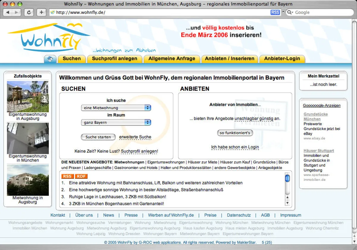 Das bayrische Immobilienportal WohnFly zeichnet sich durch einen übersichtlichen Seitenaufbau aus.