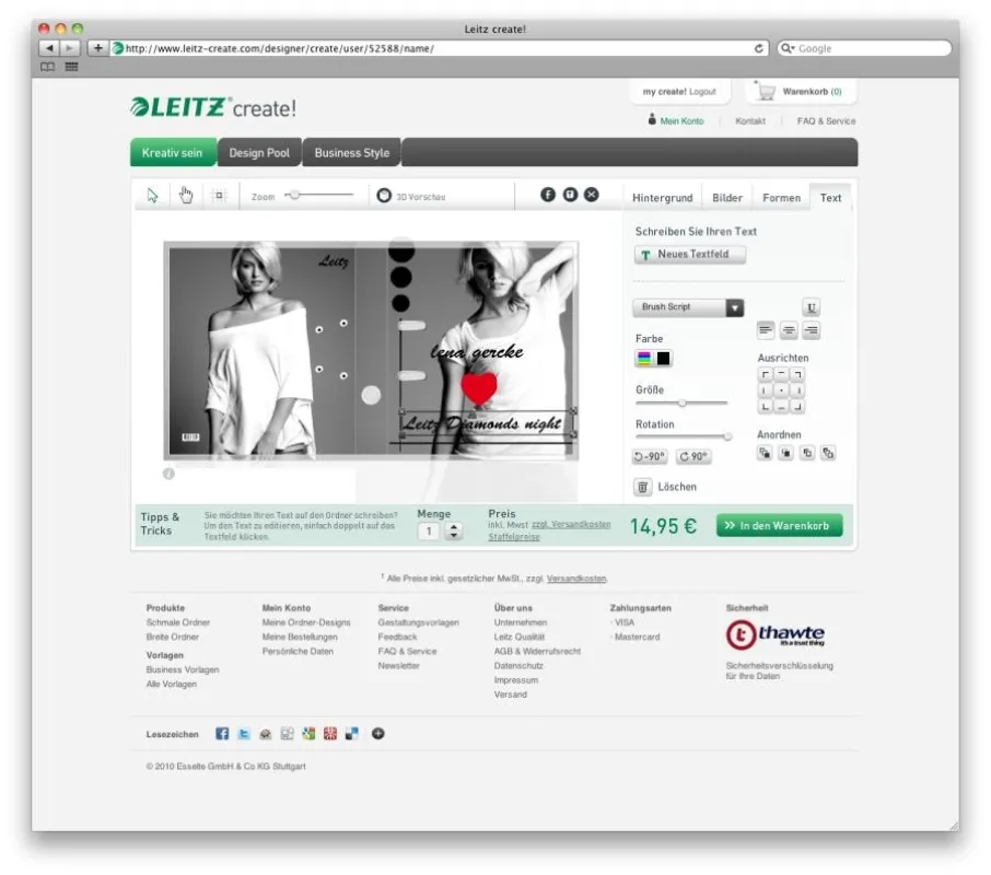 Unter www.leitz-create.com kann jetzt jeder seine Ordner individuell gestalten. Hier der Ordner von Topmodel Lena Gercke.