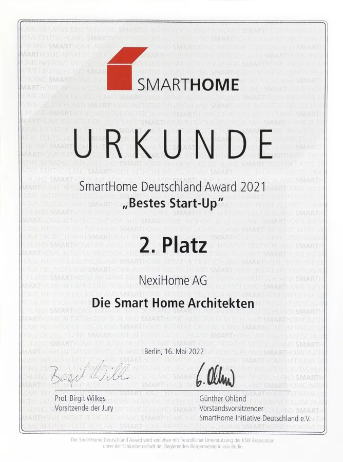 Smart Home Award Deutschland 2022 - Urkunde Bestes StartUp (© NexiHome AG)