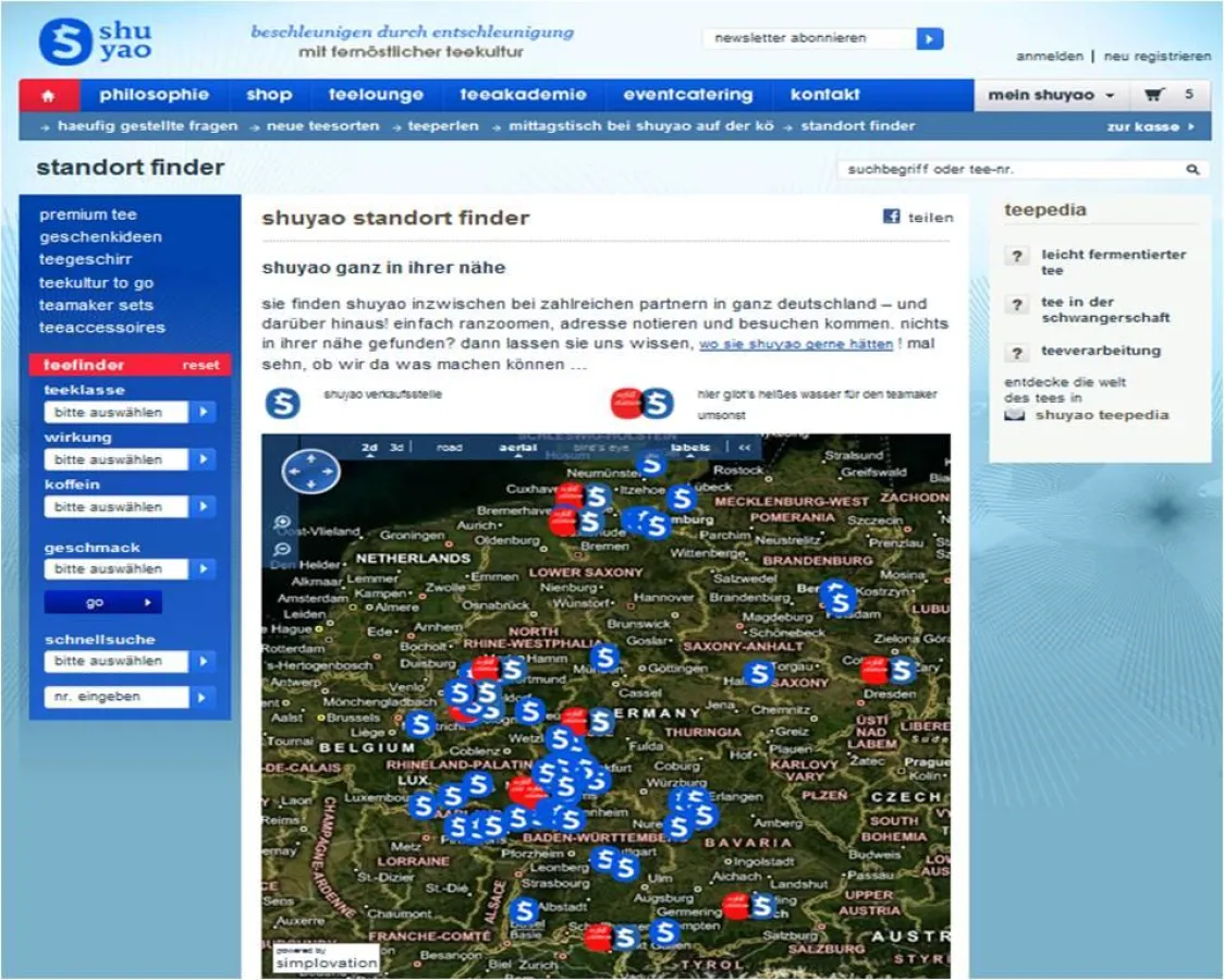 Der Standortfinder führt shuyao-Handelspartnern Kunden zu. An über 50 POS wird der Tee bereits nach der Testphase angeboten.