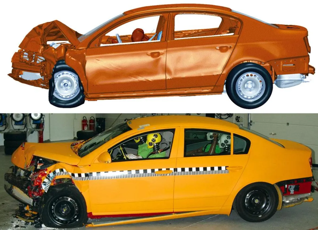 Ein Frontalzusammenstoß im realen Crash-Test-Versuch (unten) und in der Simulation mit PAM-CRASH 2G (oben). Bild: Volkswagen