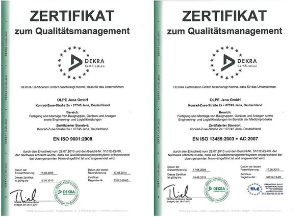 OLPE Jena GmbH erfolgreich rezertifiziert - DEKRA bescheinigt Qualitätsmanagement in der Auftragsfertigung Bild: OLPE Jena GmbH erfolgreich rezertifiziert - DEKRA bescheinigt Qualitätsmanagement in der Auftragsfertigung