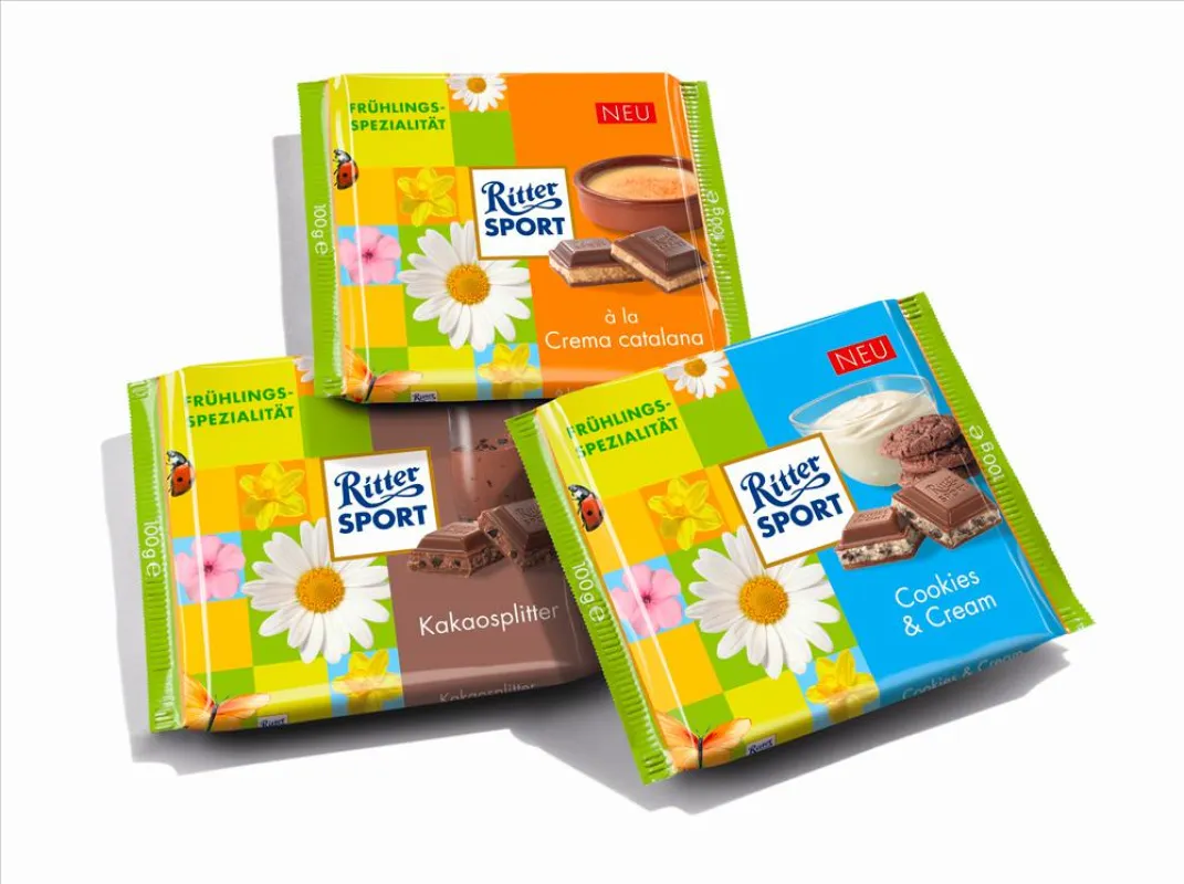 Mit den drei Saisonkreationen von Ritter Sport hält der Frühling Einzug ins Schokoladeregal