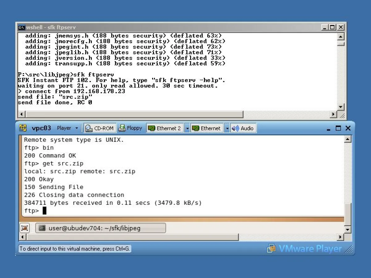 Windows, virtuelles Linux und Dateiübertragung auf der Kommandozeile.
