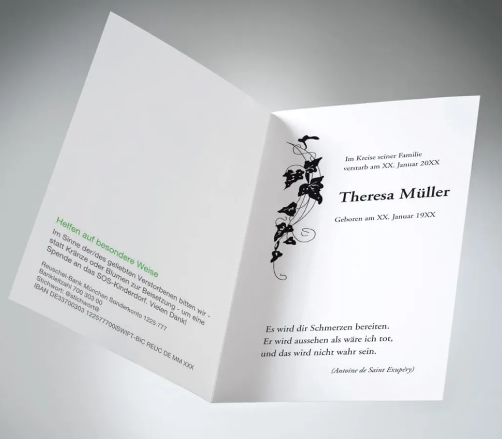 Eine Trauerkarte mit der Bitte um Kranzspende