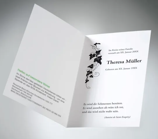 Neuer memento-Service: Bitte um „Kranzspende“ auf der Trauerkarte Bild: Neuer memento-Service: Bitte um „Kranzspende“ auf der Trauerkarte