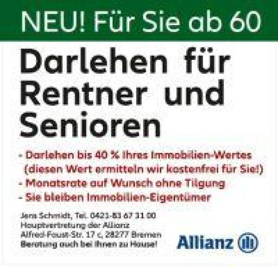 Darlehen für Rentner und Senioren - Tel. 0421-83673100