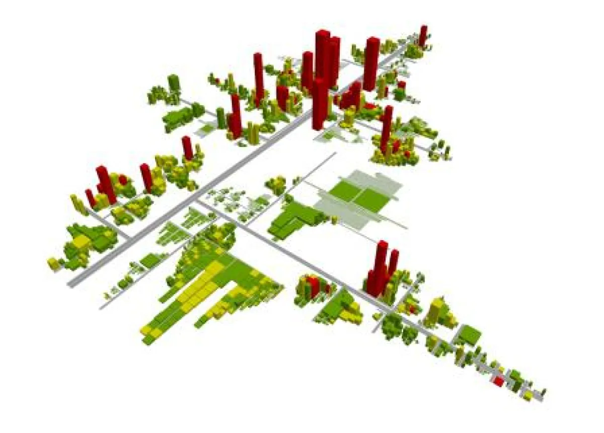 Eine Java EE-Architektur als Stadtplan dargestellt: Die Grundfläche zeigt den Kopplungsgrad, die Höh